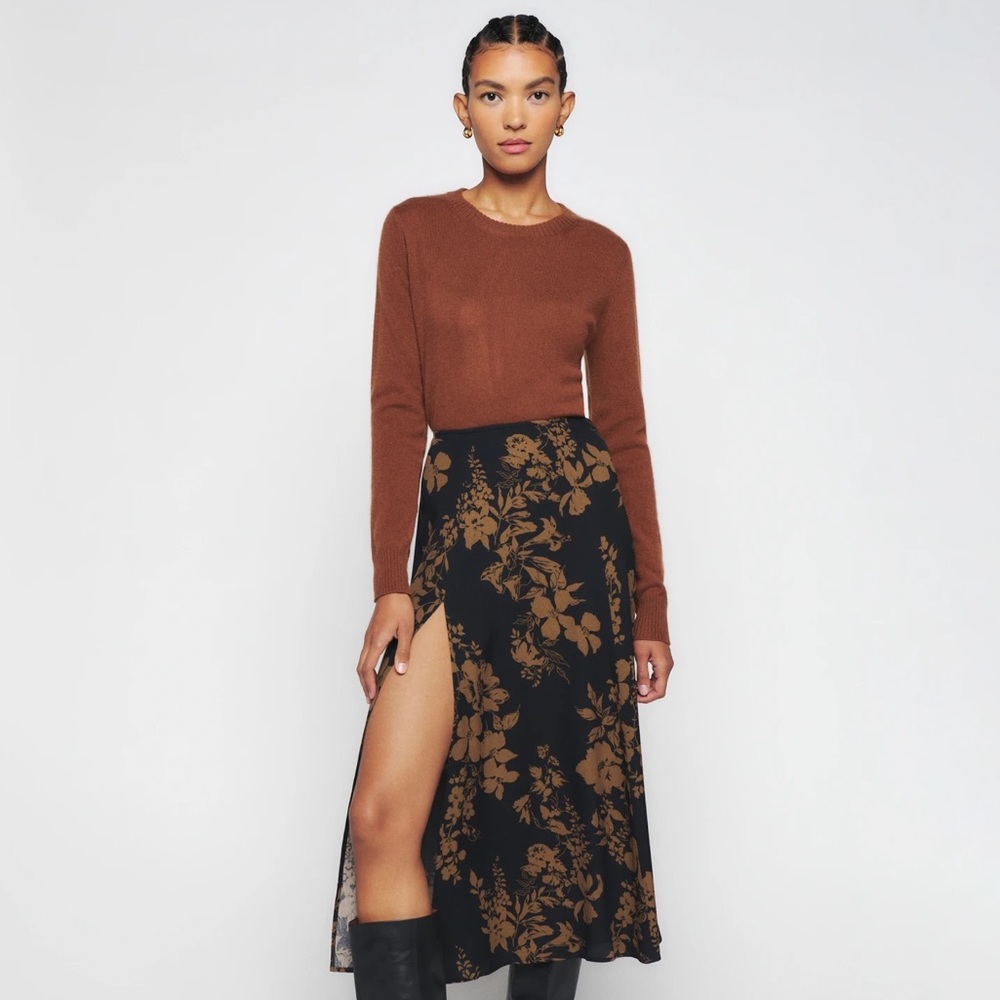 Reformation Black & Brown Floral Midi Skirt